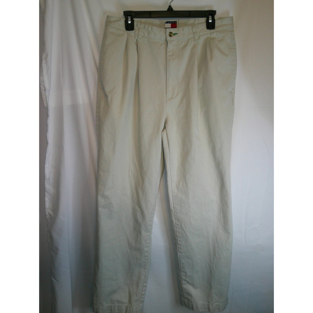 Vintage‎ Tommy Hilfiger Khaki Pants Pleated Chino Casual Trousers Mens Size 35